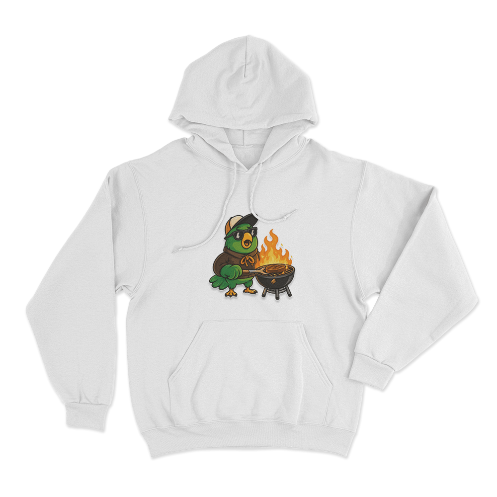 La Cotorrisa Grilling Parrot Mascot Unisex Hoodie White La Cotorrisa Grilling Parrot Mascot Unisex Hoodie White